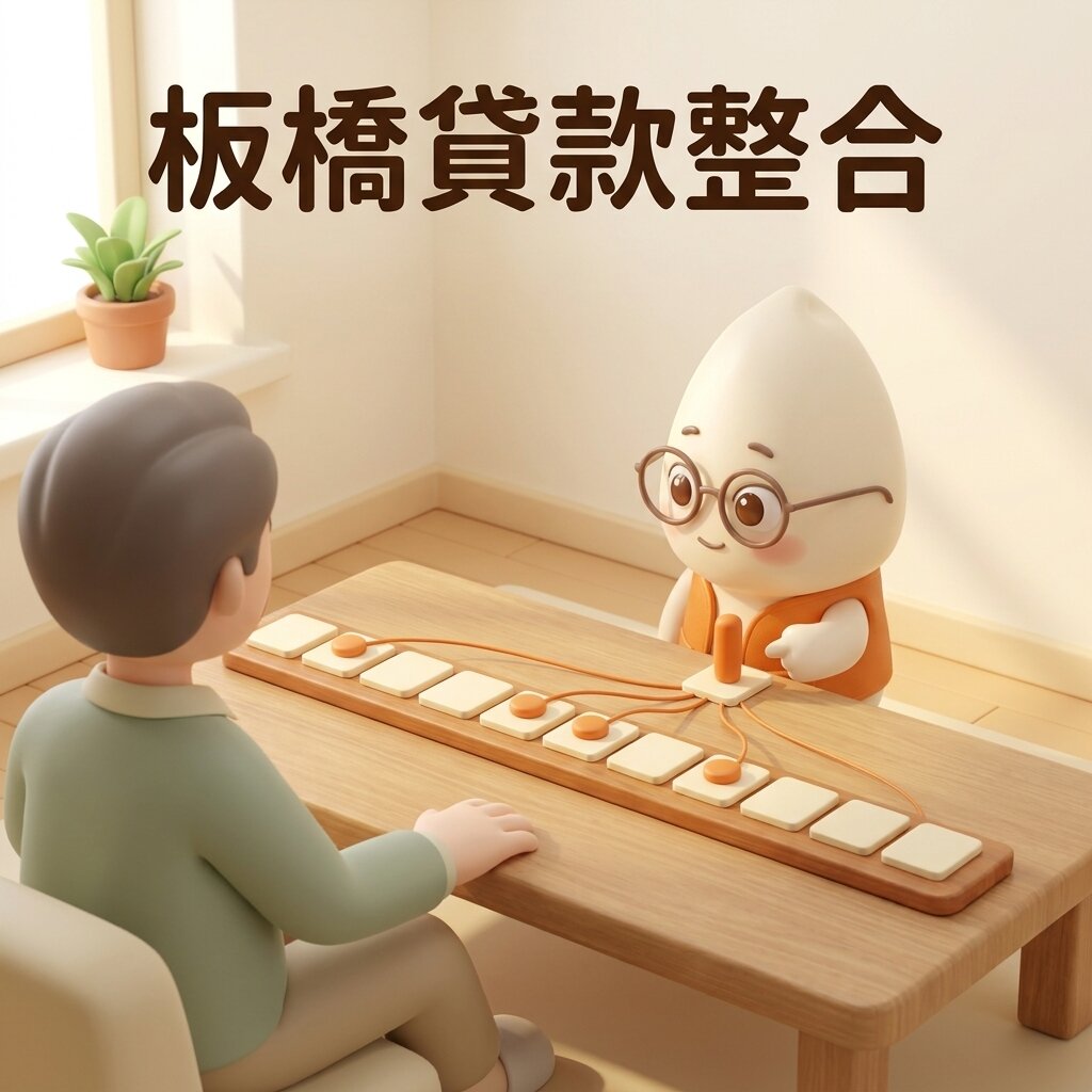 示意情境：米米站在矮桌對面，向背對鏡頭的屋主指著桌上一排日曆格，四個分散的橘色扣款日標記用細線併到同一個高標記上，上方寫著「板橋貸款整合」