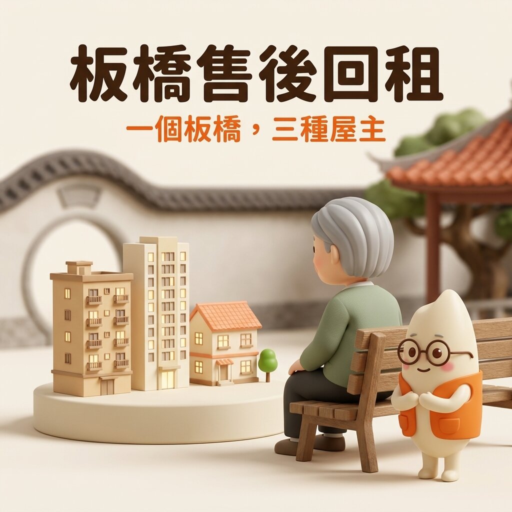 示意情境：米米雙手交握站在長椅旁，傾聽一位背對鏡頭的長者屋主，前方圓台上並排三種板橋住宅模型（老公寓、電梯大樓、透天），背景是林家花園式的月洞門與涼亭，上方寫著「板橋售後回租 一個板橋，三種屋主」。售後回租是把房子過戶給投資方、同時簽租約繼續住，並可保有日後依約買回的權利。