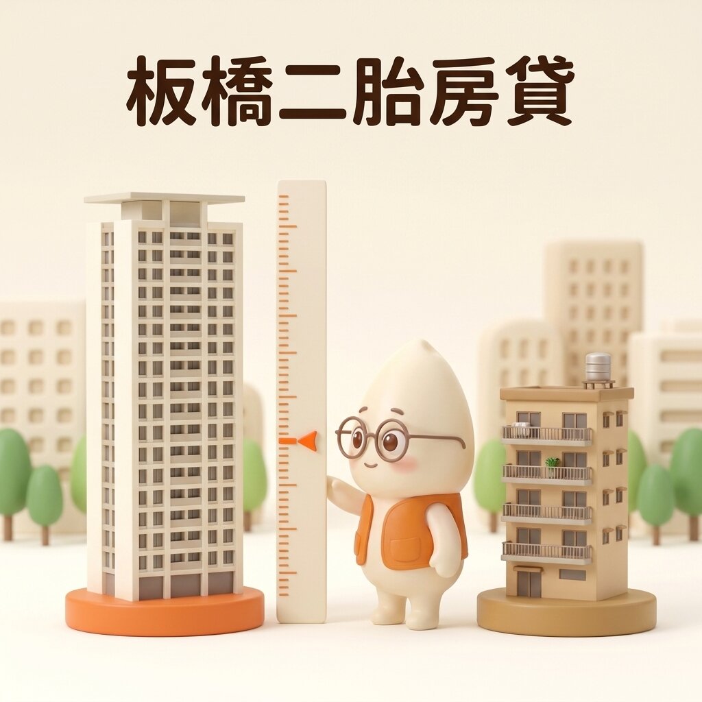米米站在新板高樓模型與老公寓模型之間，指著直立量尺上的橘色標記比對兩種房子的高度差，背景是簡化的板橋大樓，上方寫著「板橋二胎房貸」