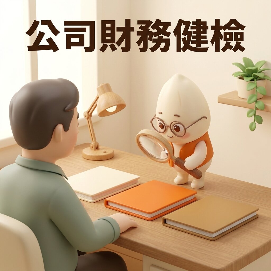 示意情境：公司負責人坐在辦公桌前，米米站在桌上拿著放大鏡，逐本檢視桌上三本闔上的空白資料夾，上方寫著「公司財務健檢」