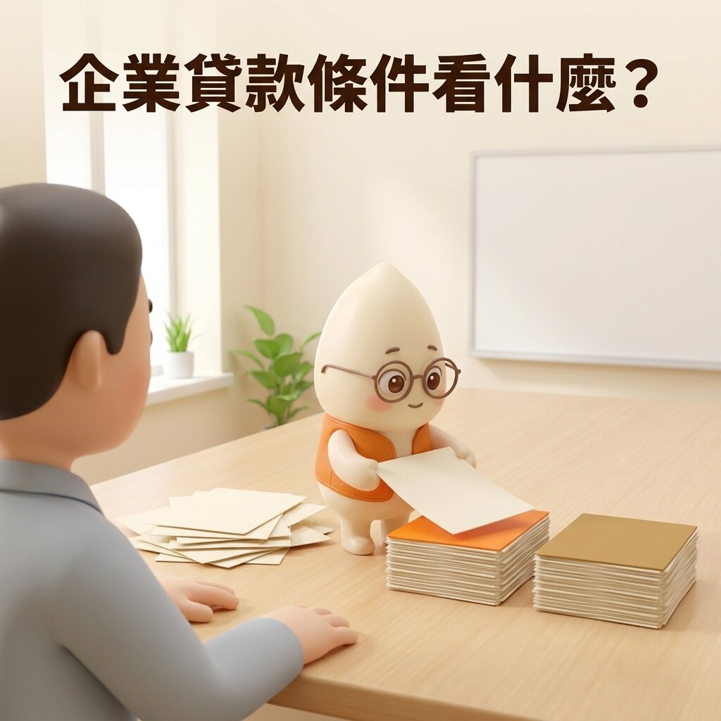 示意情境：公司負責人坐在會議桌前，米米站在桌上把一疊散亂的空白紙張整理成兩疊整齊的資料，上方寫著「企業貸款條件看什麼？」