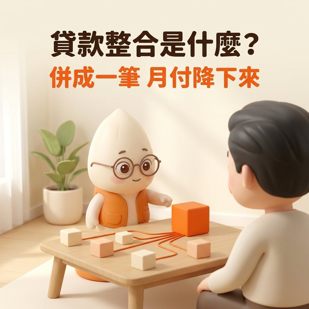 示意情境：屋主坐在客廳矮桌前，米米在桌邊指著由五個小方塊連線匯成的一個大方塊，向屋主說明多筆併成一筆，上方寫著「貸款整合是什麼？併成一筆 月付降下來」