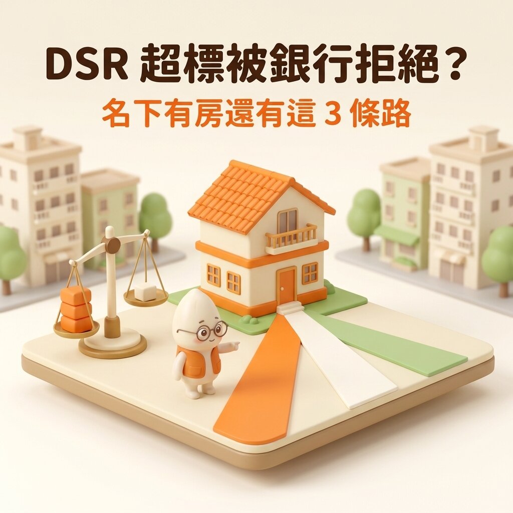 米米站在傾斜的天平與小房子之間,指著從家門口分出的三條路,上方寫著「DSR 超標被銀行拒絕?名下有房還有這 3 條路」