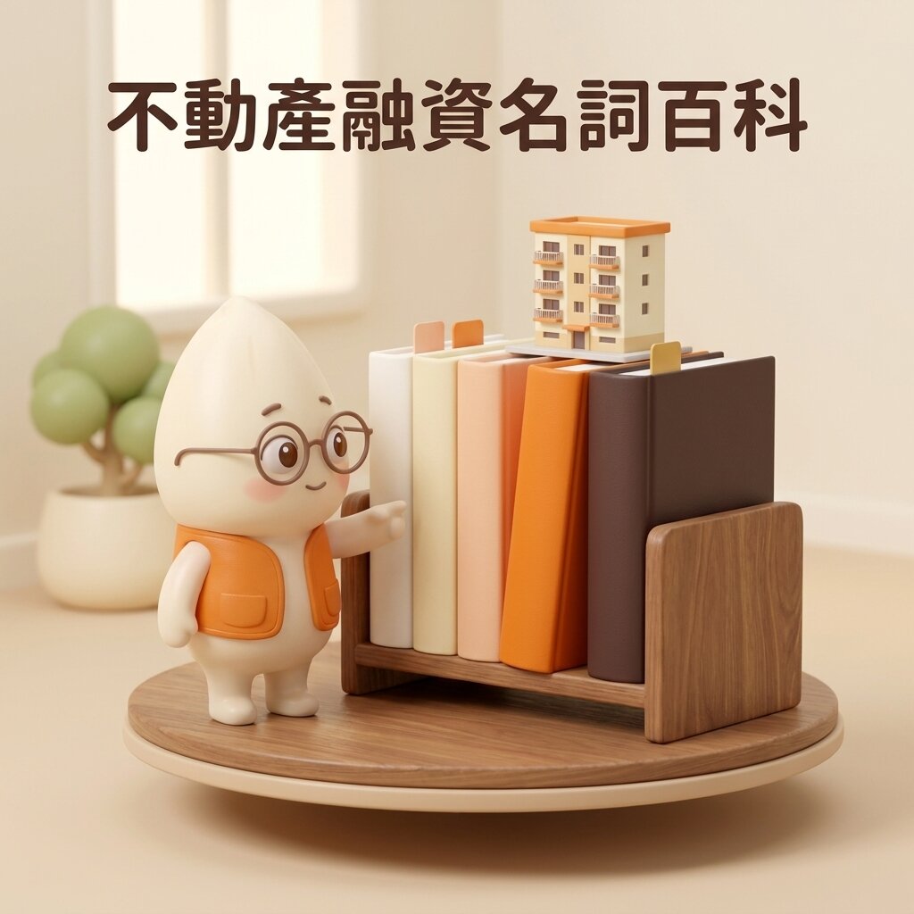 米米站在小書架旁,指著五本封面空白、顏色不同的百科書冊,書上放著一棟小公寓模型,上方寫著「不動產融資名詞百科」