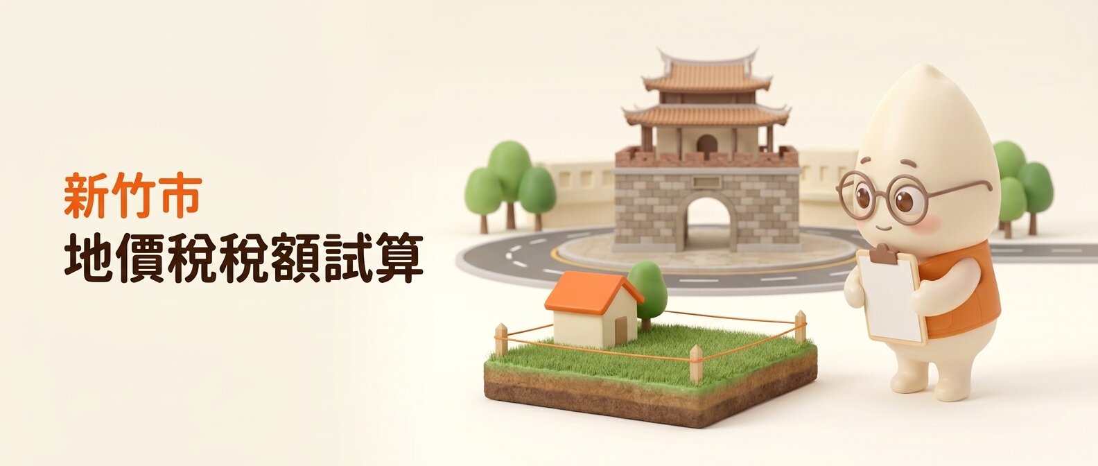 橫幅左側寫著「新竹市 地價稅稅額試算」，米米抱著空白夾板低頭看一塊插著界樁的土地模型與小屋，背景是簡化的新竹東門城迎曦門