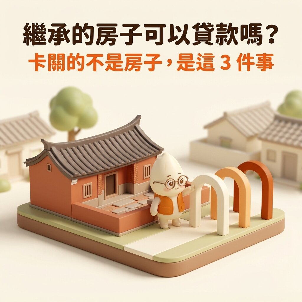 米米站在紅磚古厝模型旁，指著路上三道依序排開的拱門說明三個關卡，上方寫著「繼承的房子可以貸款嗎？卡關的不是房子，是這 3 件事」
