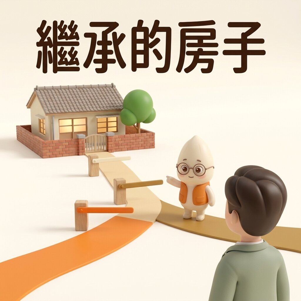 示意情境:繼承人站在老家模型前的岔路口,米米指著屋前小路上依序排開的三道柵門,路在柵門後分成橘色與咖啡金兩條路,上方寫著「繼承的房子」