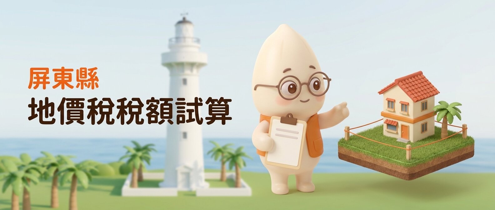 橫幅左側寫著「屏東縣 地價稅稅額試算」,米米一手拿空白夾板、另一手指向右側草地地塊上的紅瓦小屋與椰子樹,背景是簡化的鵝鑾鼻燈塔與海景