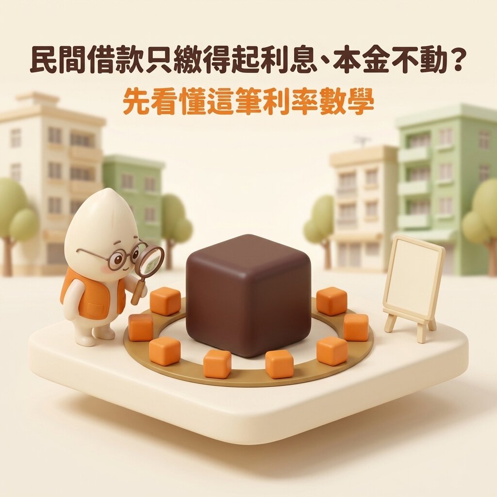 米米拿放大鏡俯看一圈繞著大方塊打轉的橘色小方塊，旁邊是空白畫板，上方寫著「民間借款只繳得起利息、本金不動？先看懂這筆利率數學」