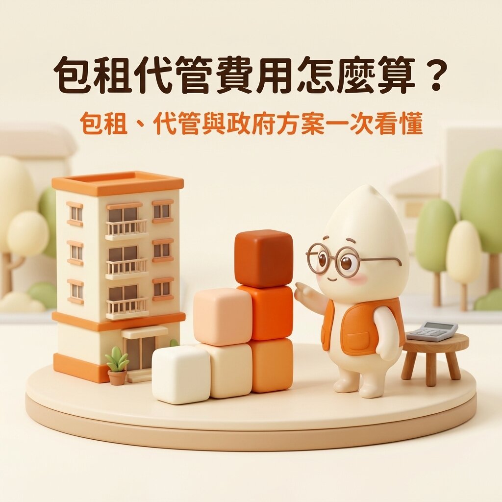米米站在出租公寓模型與三欄方塊圖之間，指著最高的一欄說明費用比較，旁邊小桌上放著空白計算機，上方寫著「包租代管費用怎麼算？包租、代管與政府方案一次看懂」