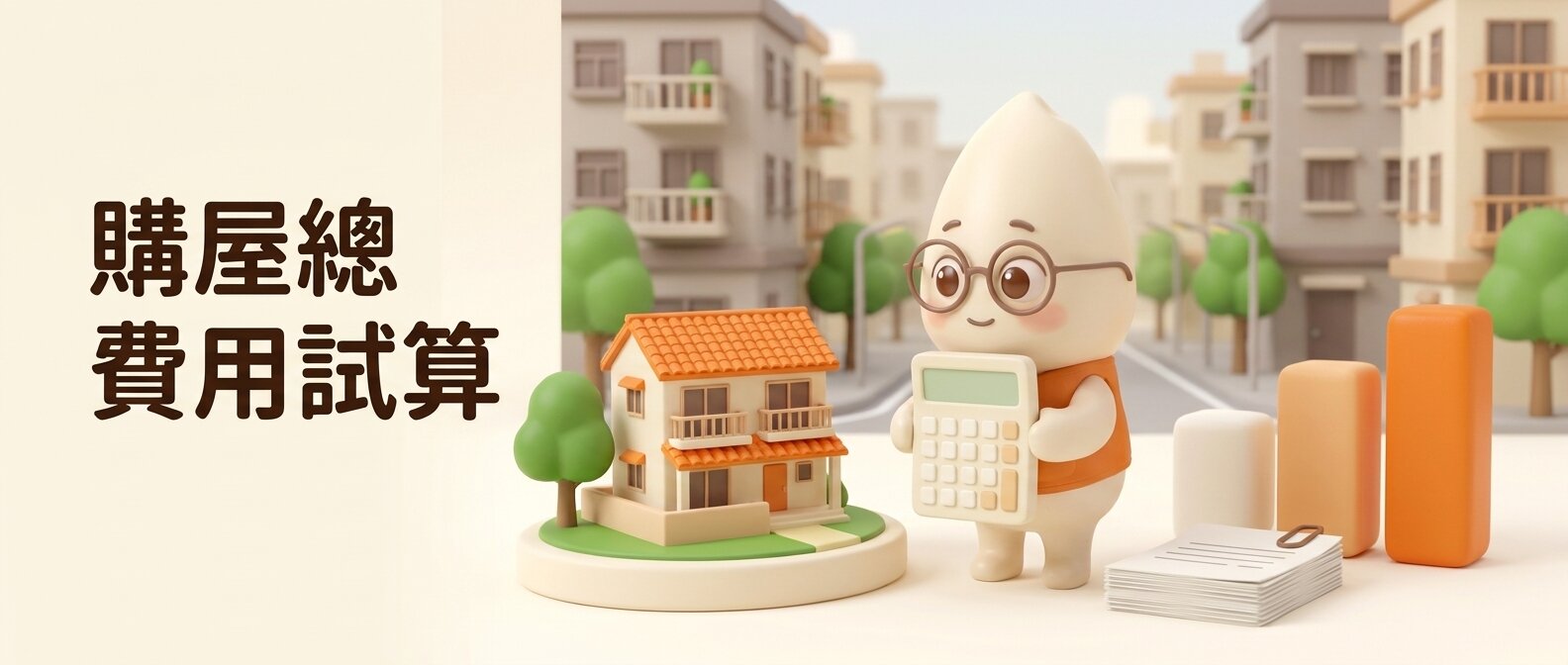 橫幅左側寫著「購屋總費用試算」，米米雙手捧著空白螢幕的計算機看向一棟橘屋頂小屋模型，右側是一疊空白文件與三件由小到大、由米白到橘的方塊，背景是簡化的住宅街區