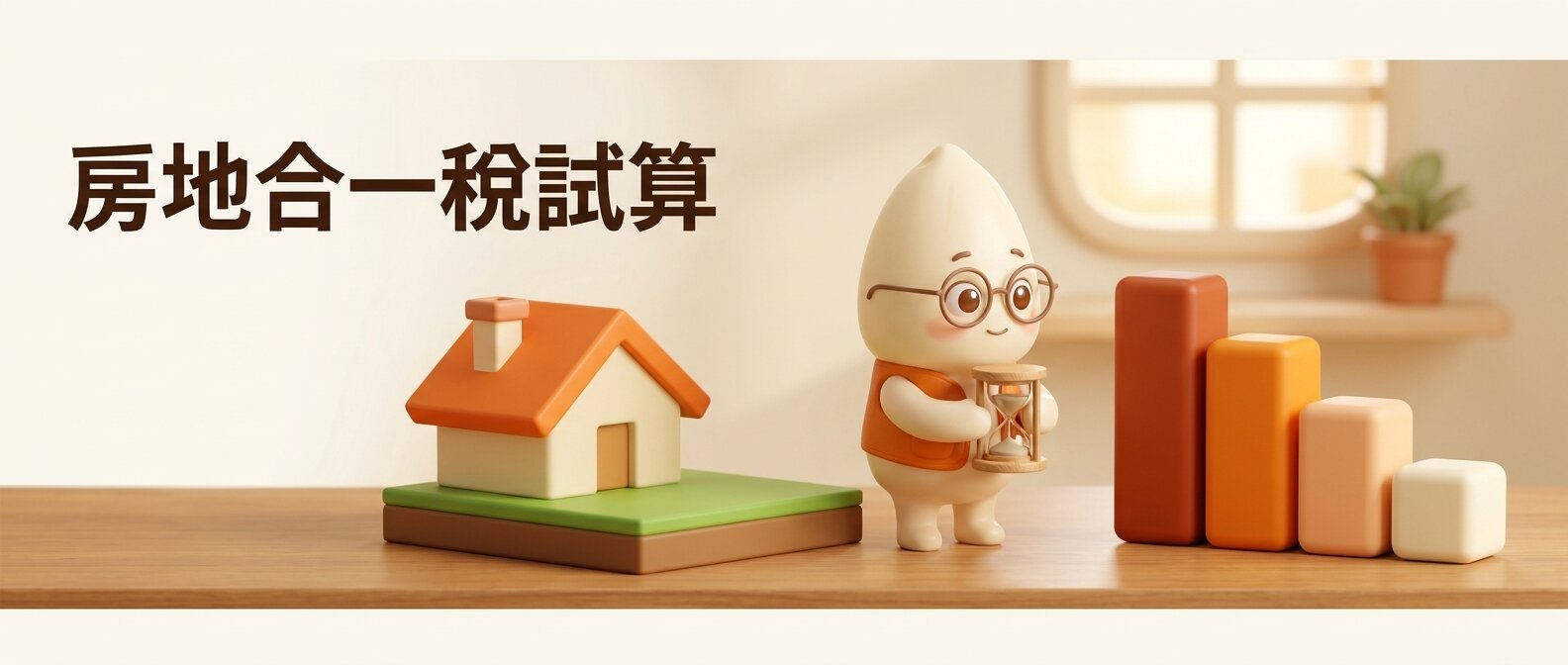 米米雙手捧著沙漏,站在房屋與土地相連的模型旁,看著四級由高到低排列的方塊,左側寫著「房地合一稅試算」