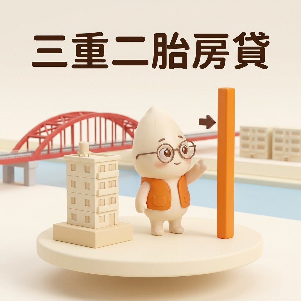 米米站在圓形底座上，左邊是放在矮台上的三重老公寓模型，右邊是一根高出一倍的橘色量尺柱，米米指著柱子上端的深色箭頭；背景是紅色拱橋，上方寫著「三重二胎房貸」