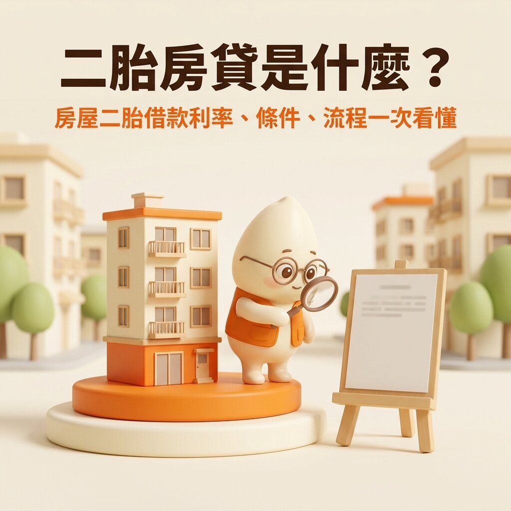 米米拿著放大鏡細看畫架上的空白文件,旁邊是立在兩層底座上的公寓模型,上方寫著「二胎房貸是什麼?房屋二胎借款利率、條件、流程一次看懂」