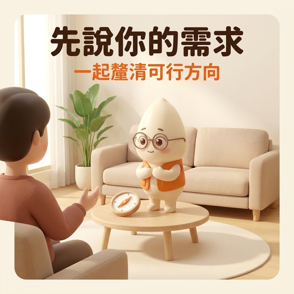 示意情境：客人坐在接待沙發上說明需求，米米站在矮桌邊雙手輕合、專注傾聽，桌上放著一個指針羅盤，上方寫著「先說你的需求 一起釐清可行方向」