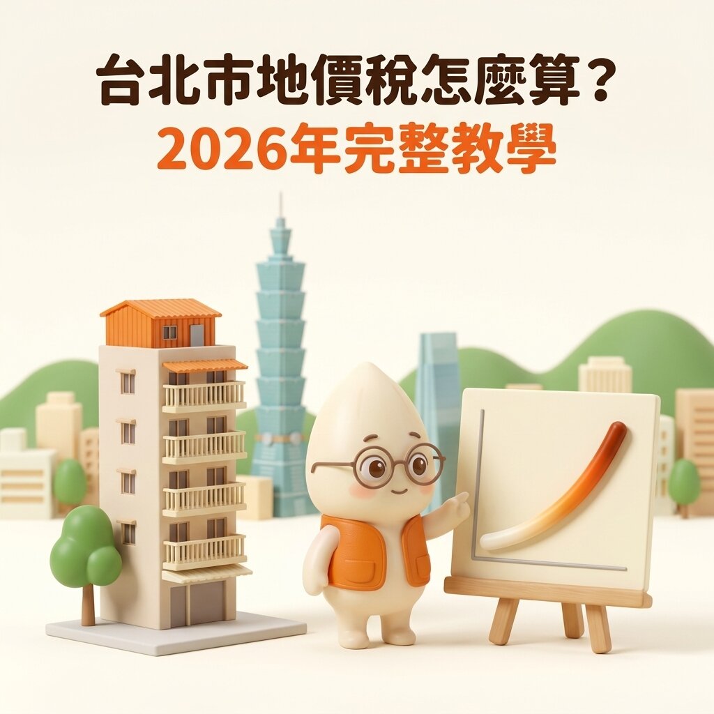米米站在台北老公寓模型與畫架之間，指著圖板上逐漸陡升的累進曲線，背景是簡化的台北101，上方寫著「台北市地價稅怎麼算？2026年完整教學」