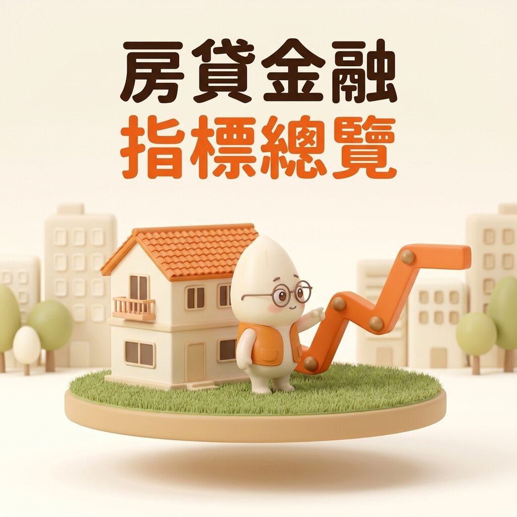 米米站在橘瓦住宅模型旁，指著一條逐級上行的橘色走勢緞帶與四顆金色節點，上方寫著「房貸金融指標總覽」