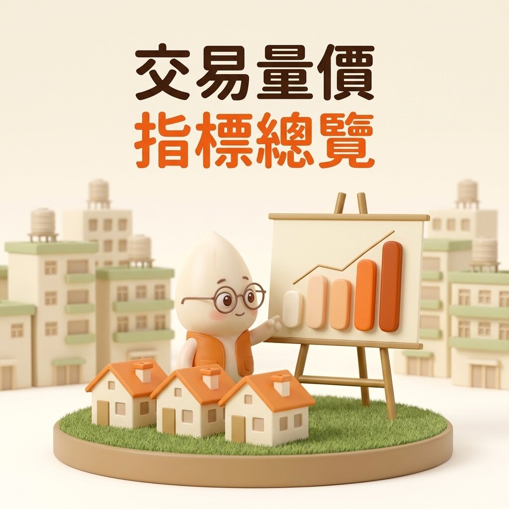 米米站在三棟小房屋模型前，指著畫架看板上由低到高的五根長條圖，上方寫著「交易量價指標總覽」