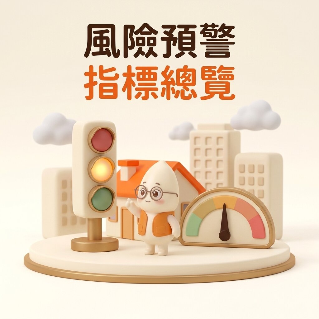 米米站在小房屋模型前，舉手指向亮著黃燈的三段式警示燈柱，旁邊是指針偏中右的半圓儀表，上方寫著「風險預警指標總覽」