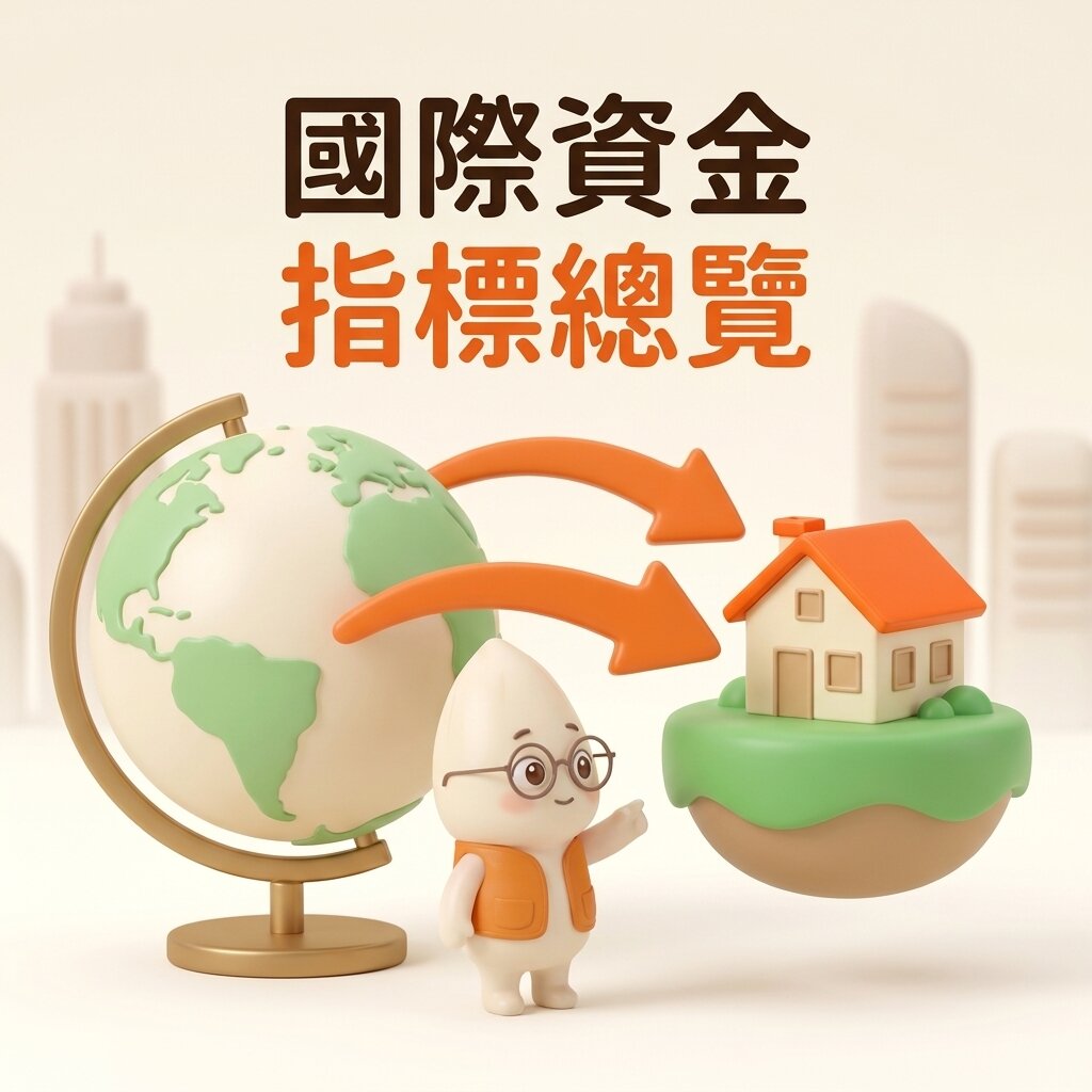 米米站在地球儀與綠色小島住宅之間，指著兩道從地球儀飛向小島的橘色箭頭，上方寫著「國際資金指標總覽」