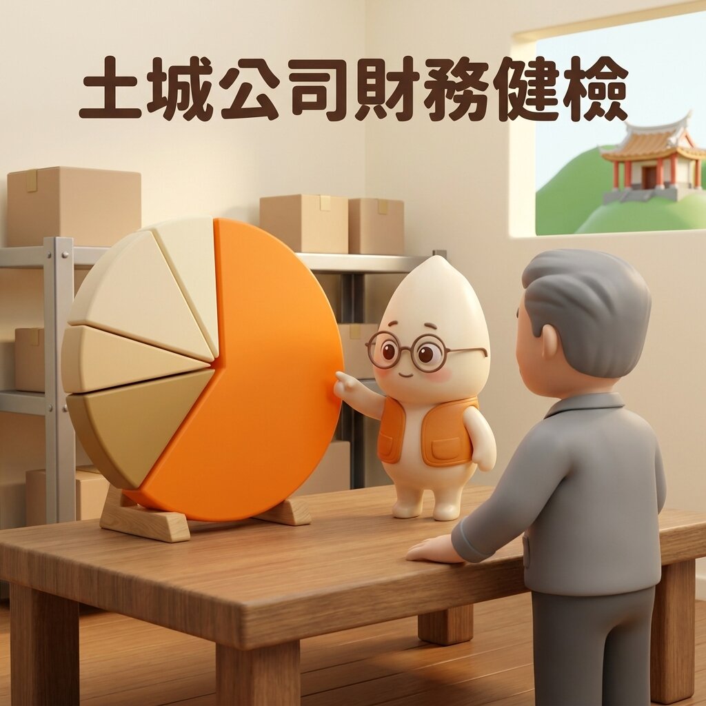 示意情境:工廠老闆站在工作檯旁,檯上立著一塊分成五片的圓餅圖,其中一大片是橘色,米米站在檯上指著最大那片向老闆說明客戶集中度,窗外是土城山丘上的寺廟,上方寫著「土城公司財務健檢」