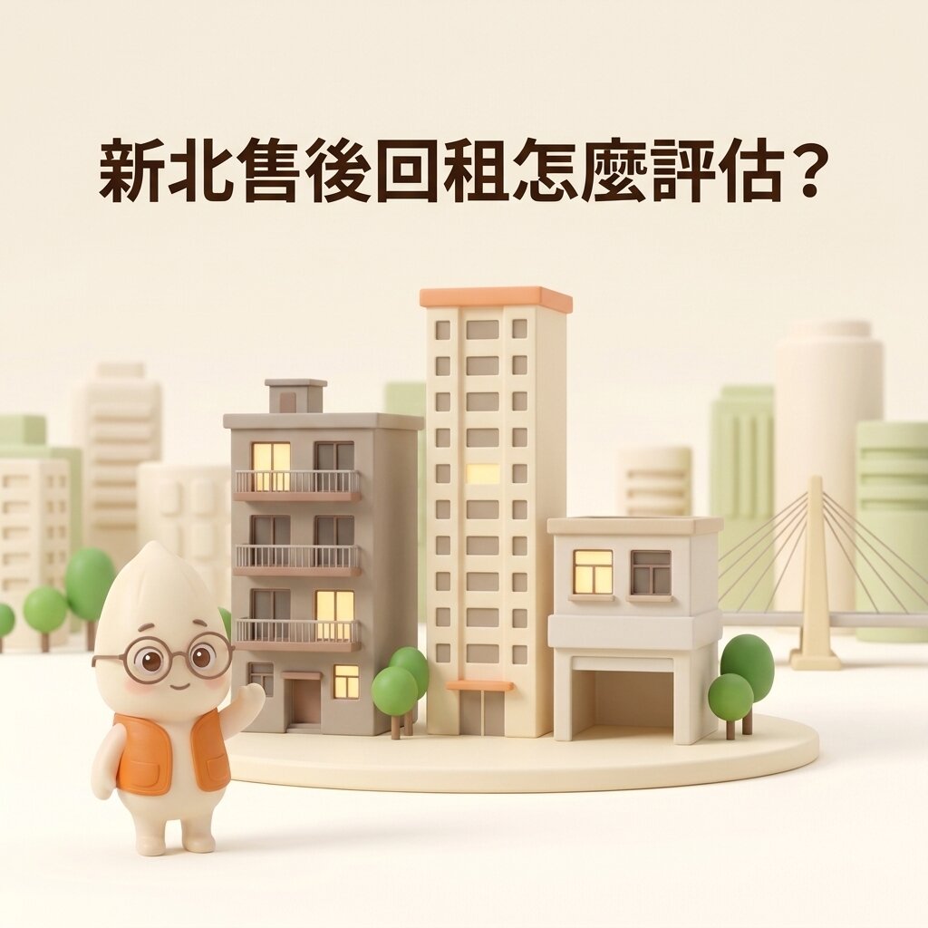 米米站在三棟不同類型的新北住宅模型（老公寓、高樓大廈、街邊店面）前揮手打招呼，遠景是簡化的新北大橋，上方寫著「新北售後回租怎麼評估？」。售後回租是把房子過戶給投資方、同時簽租約繼續住，並可保有日後依約買回的權利。
