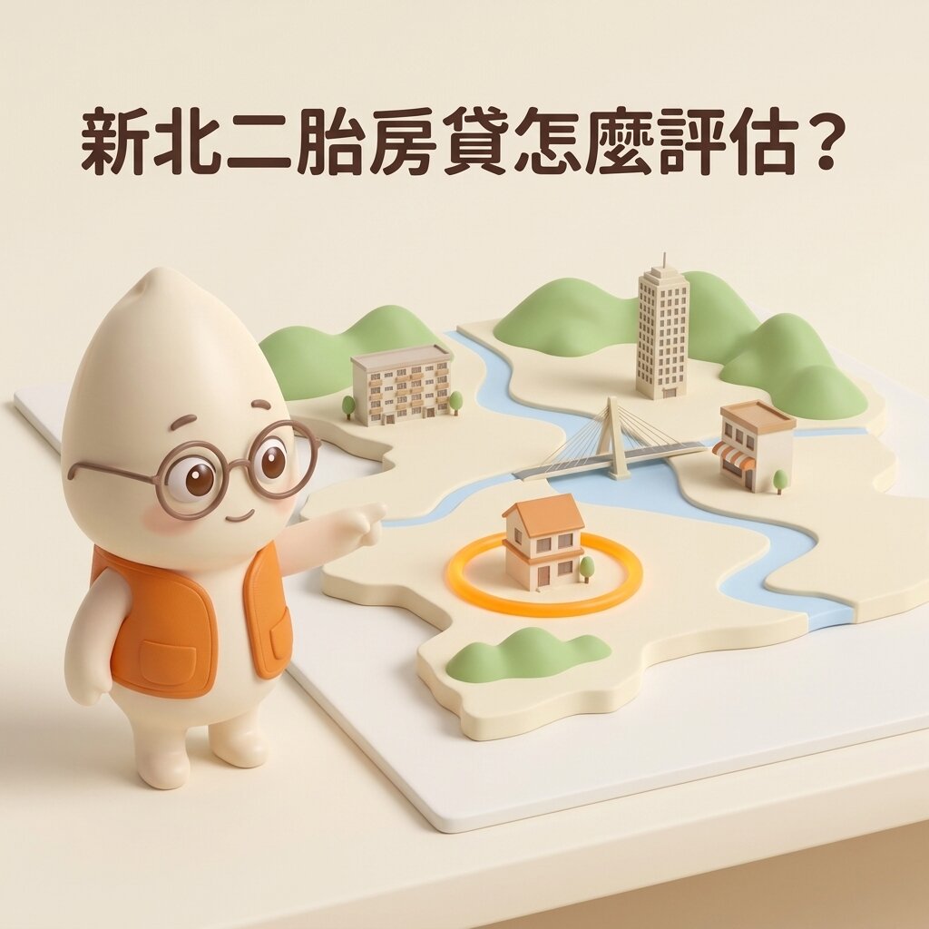 米米站在新北市立體地圖模型旁，指著地圖上四棟小房子中被橘色光圈標示的那一棟，地圖上有河流與新北大橋，上方寫著「新北二胎房貸怎麼評估？」