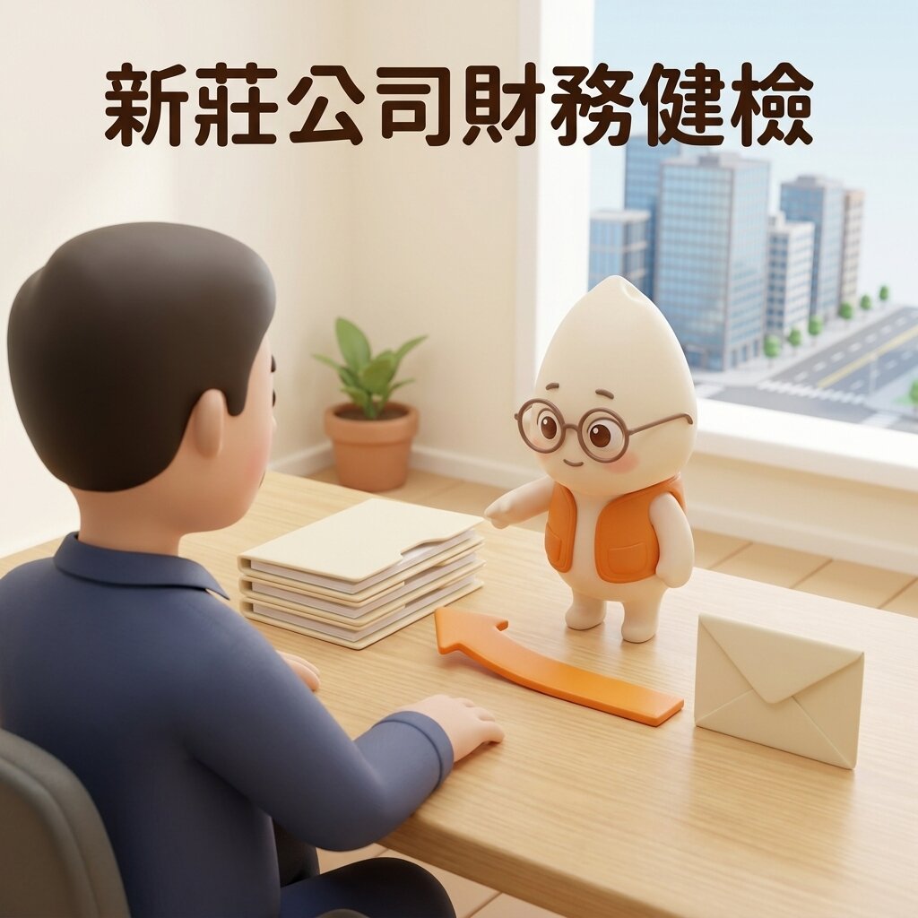示意情境：米米站在辦公桌上，順著一支從空白信封往回指的橘色箭頭，指向三份疊好的空白資料夾，向背對鏡頭的新莊老闆說明從退件通知那句話往回推；窗外是副都心大樓，上方寫著「新莊公司財務健檢」