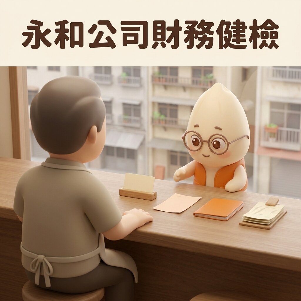 示意情境：米米站在永和小店櫃台一角，向背對鏡頭的店老闆指著櫃台上排成一排的四樣空白紀錄——一張卡片、一張單據、一本存摺、一疊收據，窗外是永和的老公寓，上方寫著「永和公司財務健檢」