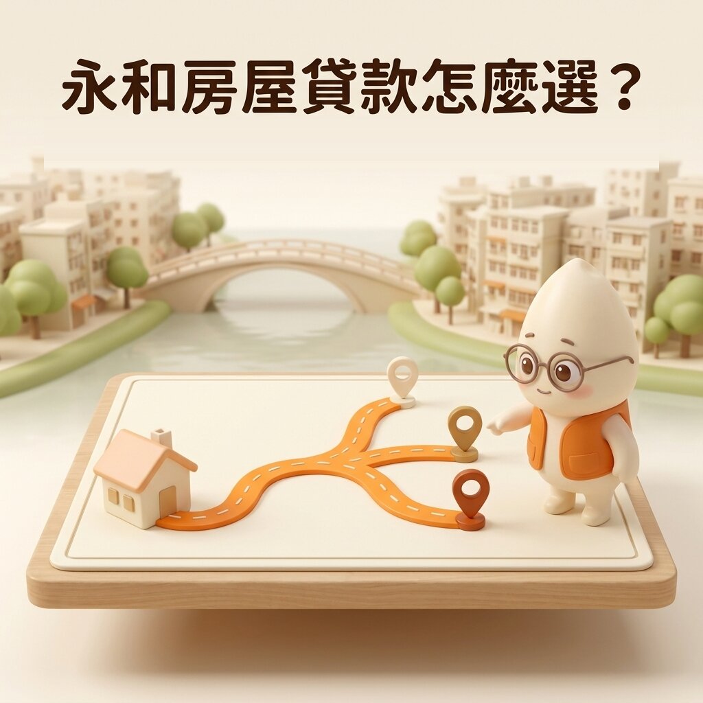 米米站在一張決策地圖旁，指著橘色道路從小房子出發後分成三條支線的岔口，三條支線各有一枚不同顏色的標記，背景是永和的河岸、拱橋與老公寓，上方寫著「永和房屋貸款怎麼選？」