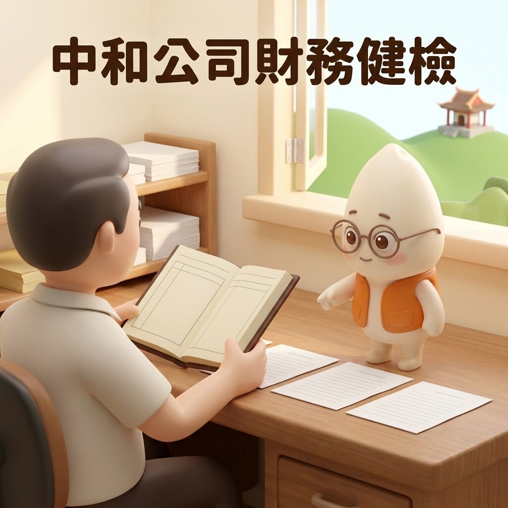 示意情境:老闆坐在辦公桌前翻開手上那本厚帳冊,桌上並排三份空白表單,米米站在桌邊指著文件向老闆說明要先對上帳本,窗外是中和烘爐地山丘與廟宇,上方寫著「中和公司財務健檢」