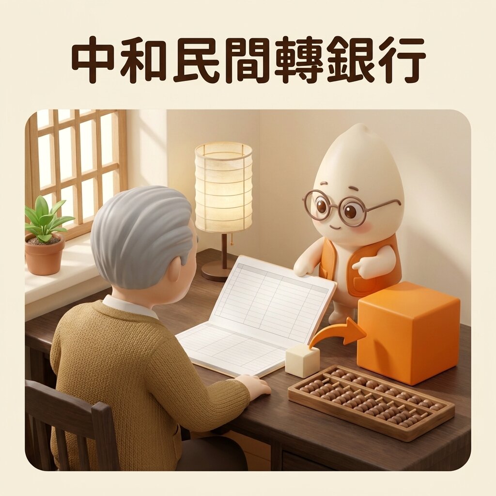 示意情境：長輩坐在書桌前，桌上攤開帳本與算盤，一顆小方塊以橘色箭頭指向一顆大方塊，米米站在桌邊指著大方塊向長輩說明把月息換成年息，上方寫著「中和民間轉銀行」