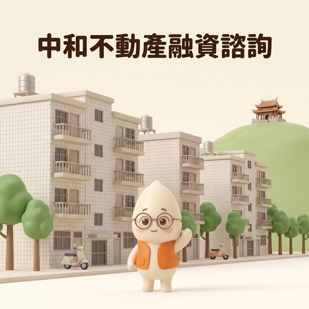 米米站在中和磁磚公寓街景的人行道上揮手打招呼，背景是山丘上的廟宇，上方寫著「中和不動產融資諮詢」