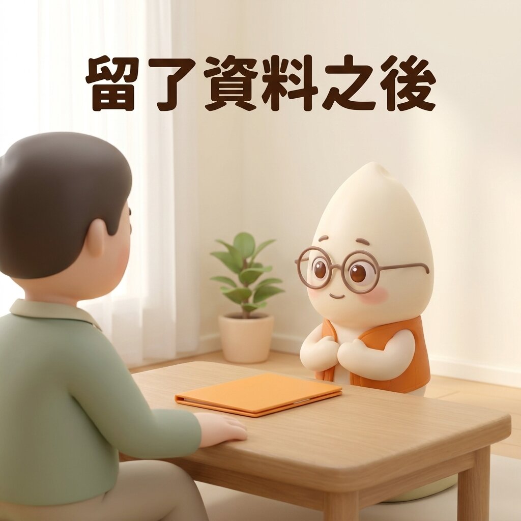示意情境：米米雙手合在身前，在桌邊聆聽背對鏡頭的屋主說話，桌上放著一份闔上的橘色資料夾，上方寫著「留了資料之後」
