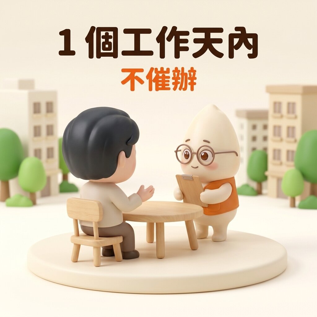 示意情境：屋主坐在桌前舉手說明，米米抱著空白夾板站在對面傾聽，上方寫著「1 個工作天內」與「不催辦」
