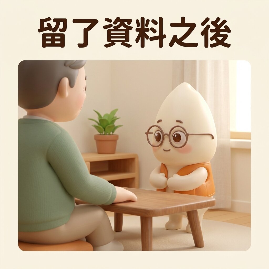 示意情境：屋主背對鏡頭坐在客廳矮桌前說話，桌上空無一物，米米站在桌邊雙手合在身前傾聽，上方寫著「留了資料之後」