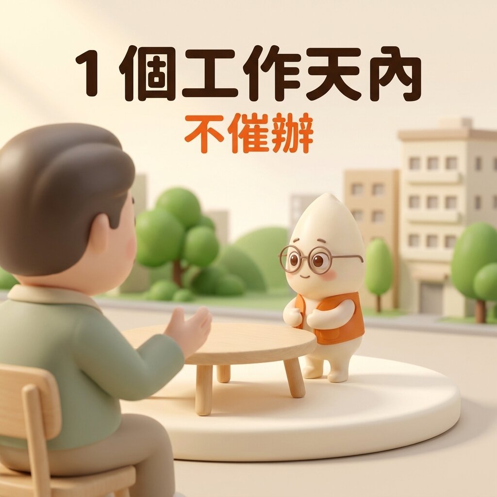 示意情境：屋主背對鏡頭坐在空桌前舉手說明，米米站在桌子對面雙手合在身前傾聽，桌上空無一物，上方寫著「1 個工作天內」與「不催辦」
