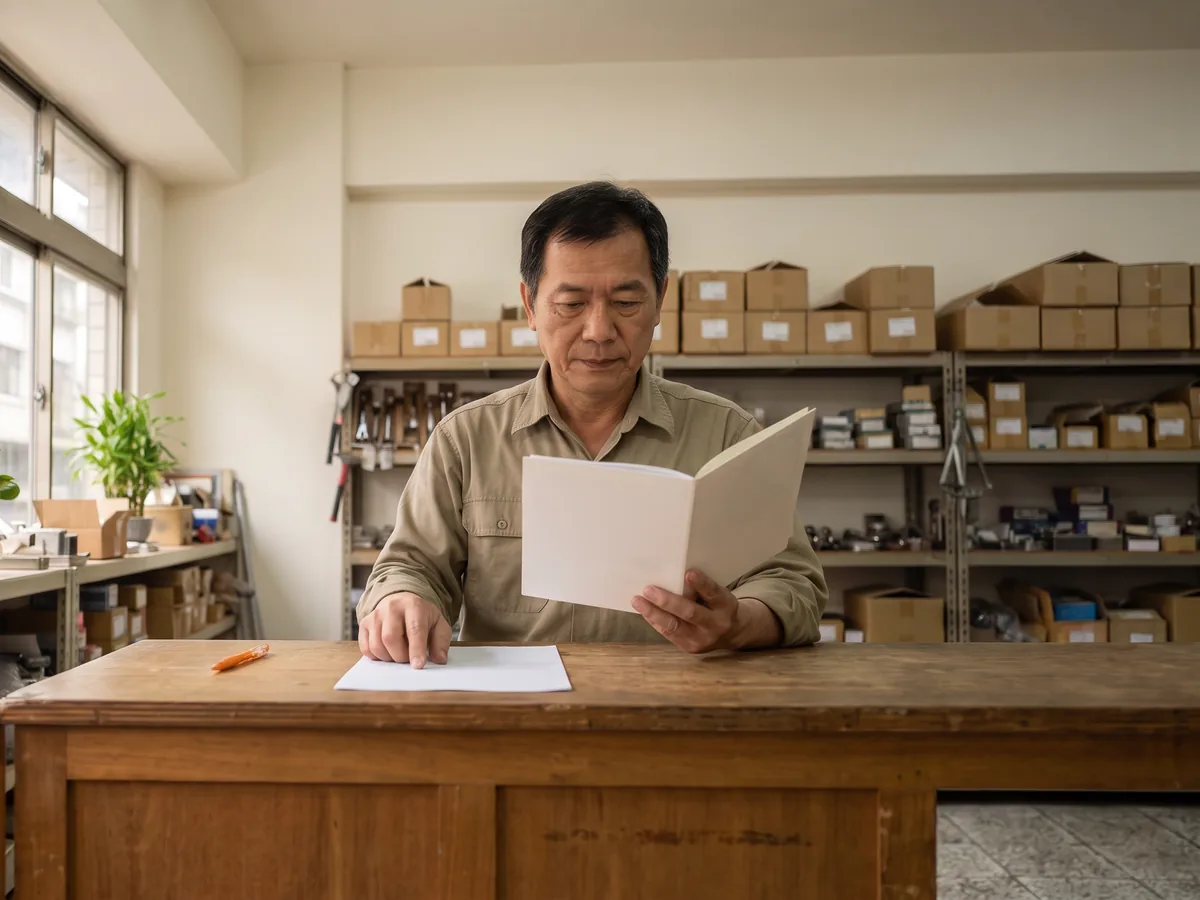 示意情境：店老闆在自家店面櫃檯前，對照手上的冊子核對報表