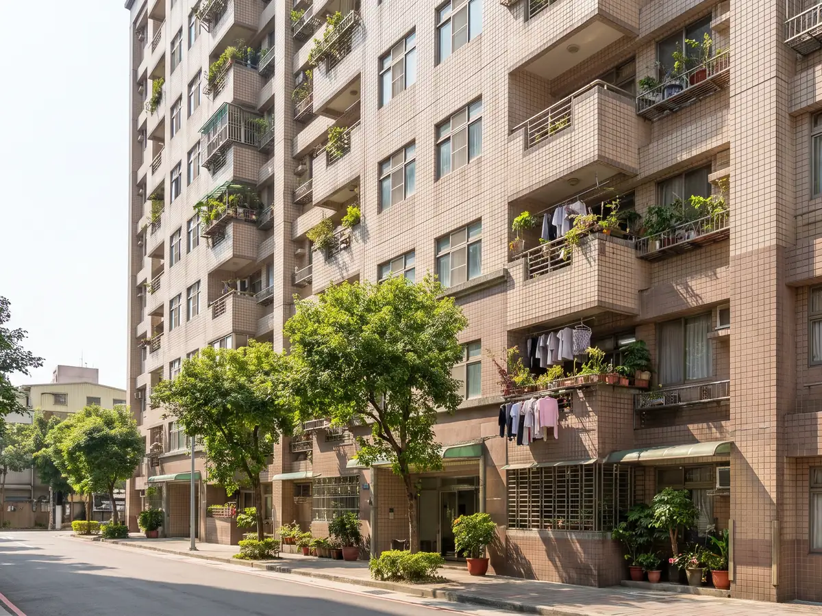 晴天下的新北中高樓層住宅大樓，陽台擺著盆栽