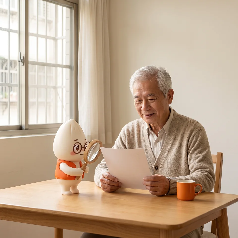 示意情境：退休長輩坐在餐桌前看著手上的一張紙，米米站在桌上拿著放大鏡幫他細看