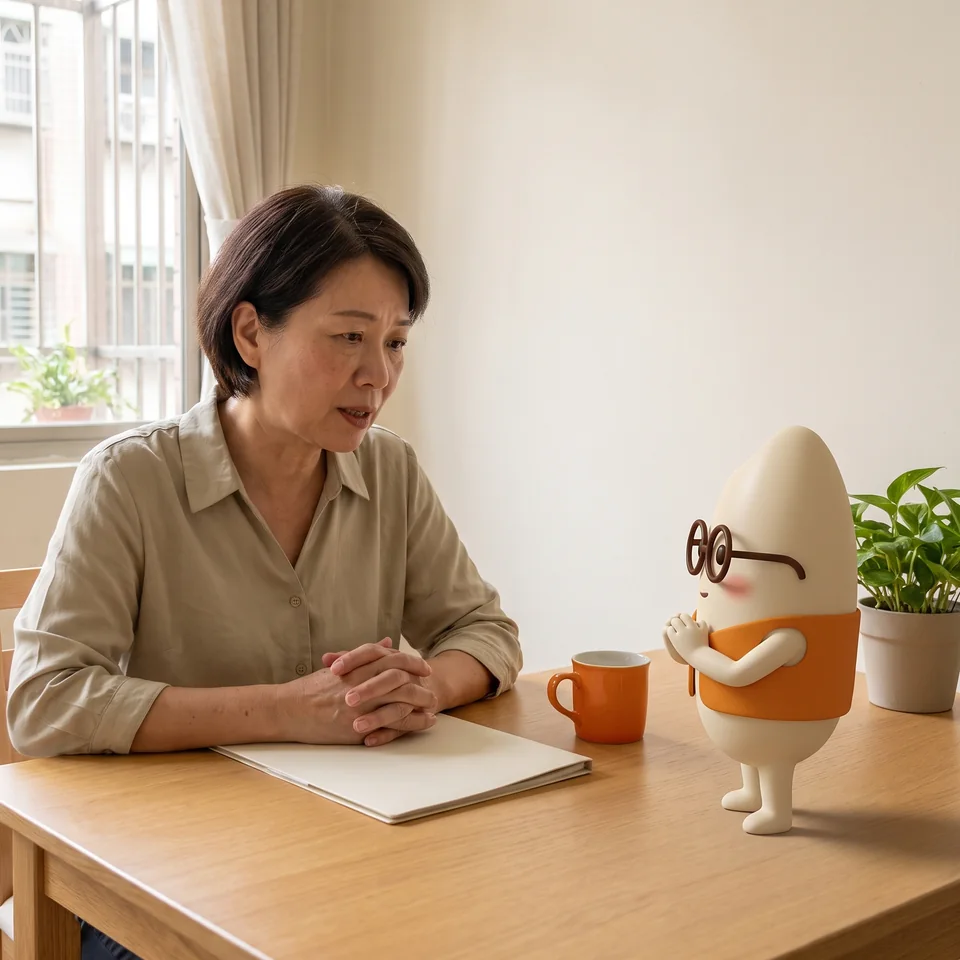 示意情境：屋主坐在餐桌前說明自己的狀況，米米站在桌上雙手合起專心聽