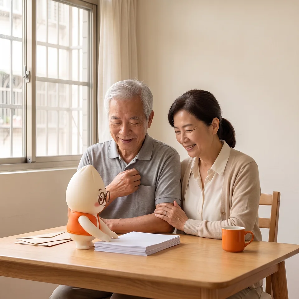 示意情境：夫妻並肩坐在餐桌前，米米站在桌上把散落的單據整理成整齊的一疊