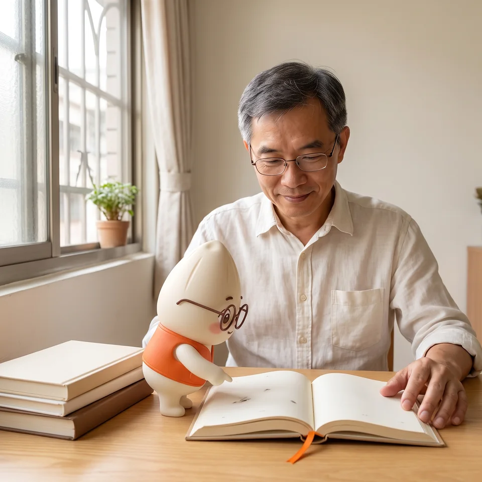 示意情境：中年男子在窗邊書桌前看著翻開的書，米米站在桌上指著書頁幫他看懂